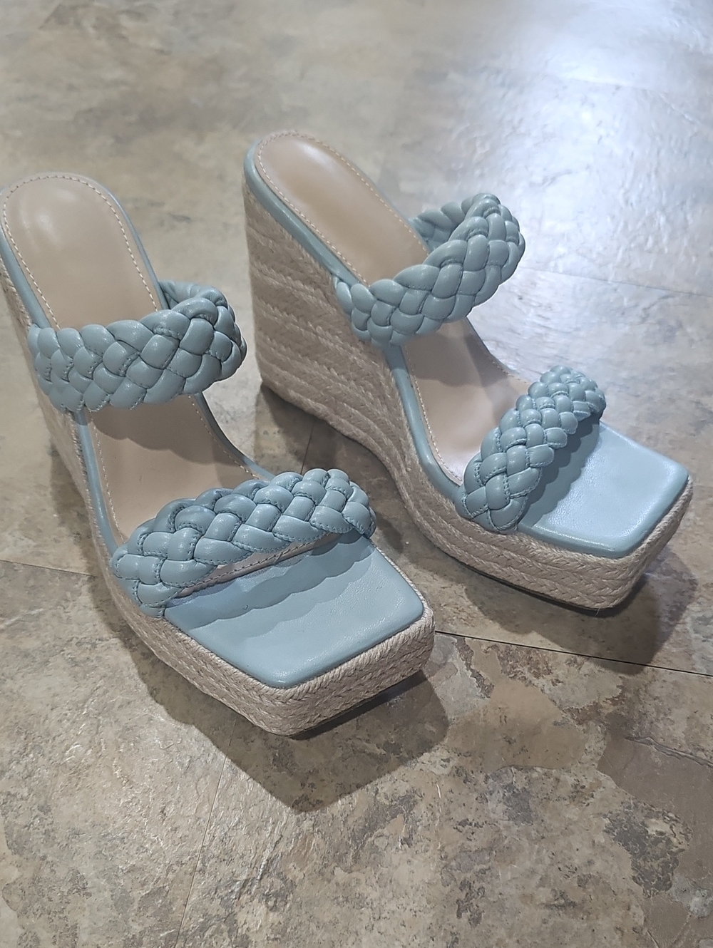 Women’s Braided Strap Light Blue Wedge Sandals, 9